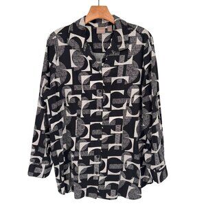 Chicos 2 Black White Geometric Button-Up Shirt Size large Womens  Cotton Blend